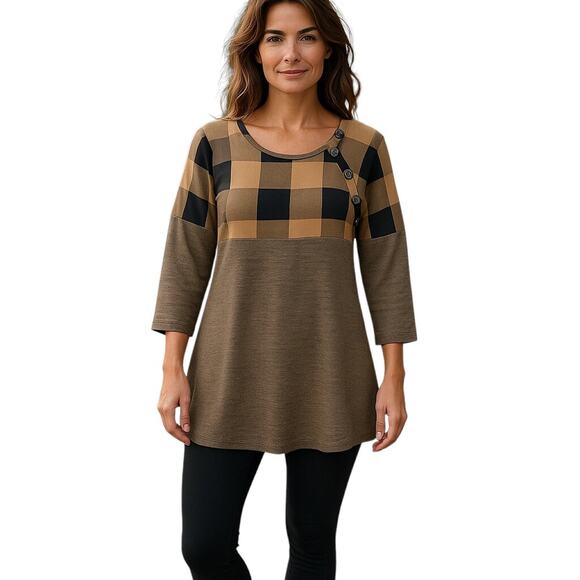 Reborn Brown Black Plaid Pattern Button Detail Long Sleeve Color Block Tunic 1XL - Picture 1 of 8